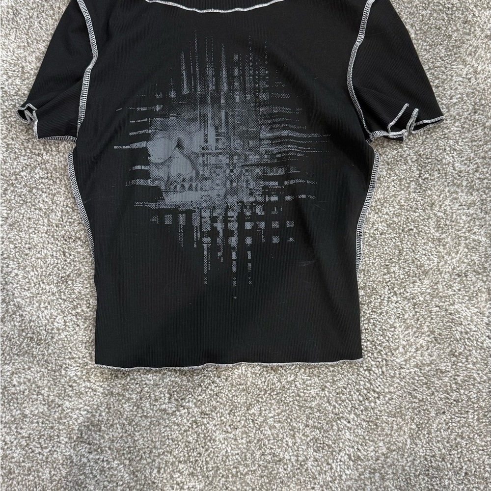 Black Graphic T-Shirt with White Stitching